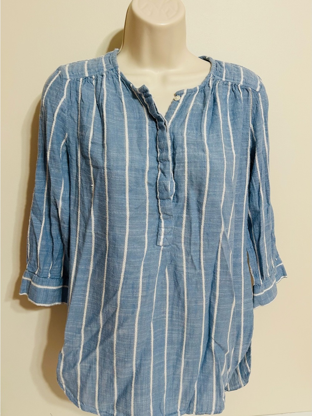Nine West Blue and White Vertical-Stripe Tunic Blouse